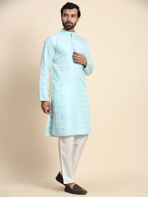 Cyan jacquard jacquard kurta 5