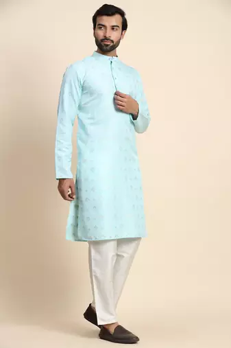 Cyan jacquard jacquard kurta