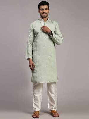Light green silk embroidery kurta 1
