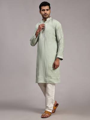 Light green silk embroidery kurta 5