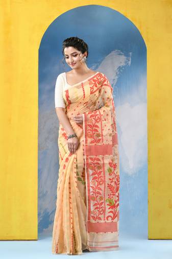Resham Dhakai Jamdani Cotton Handloom Saree Champak Design Jamdani Saree Without Blouse
