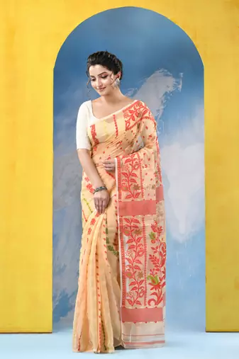 Resham Dhakai Jamdani Cotton Handloom Saree Champak Design Jamdani Saree Without Blouse
