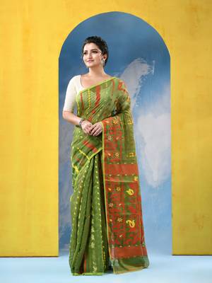 Green Resham Dhakai Jamdani Cotton Handloom Saree Champak Design Jamdani Saree Without Blouse 1