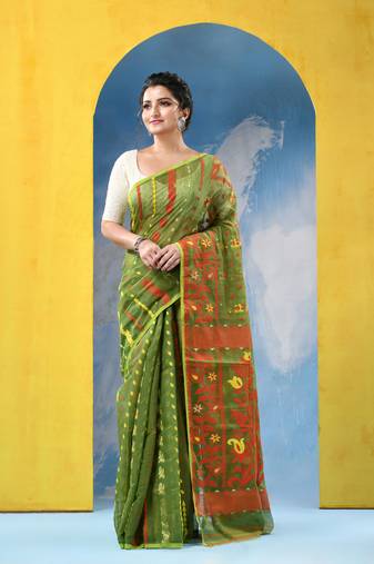 Green Resham Dhakai Jamdani Cotton Handloom Saree Champak Design Jamdani Saree Without Blouse