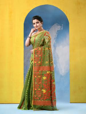 Green Resham Dhakai Jamdani Cotton Handloom Saree Champak Design Jamdani Saree Without Blouse 2