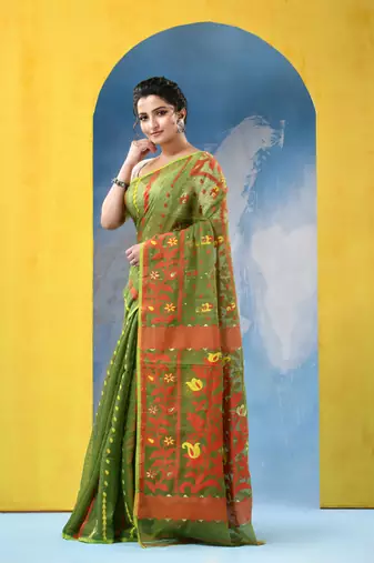 Green Resham Dhakai Jamdani Cotton Handloom Saree Champak Design Jamdani Saree Without Blouse