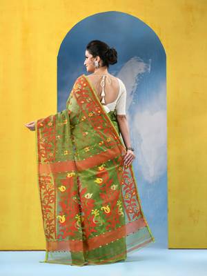 Green Resham Dhakai Jamdani Cotton Handloom Saree Champak Design Jamdani Saree Without Blouse 3