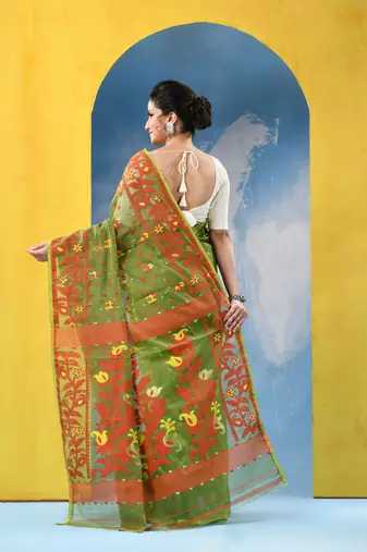 Green Resham Dhakai Jamdani Cotton Handloom Saree Champak Design Jamdani Saree Without Blouse