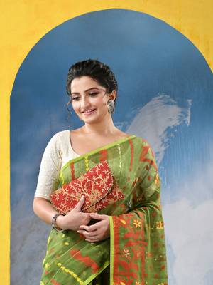 Green Resham Dhakai Jamdani Cotton Handloom Saree Champak Design Jamdani Saree Without Blouse 4
