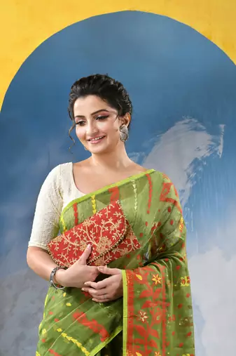Green Resham Dhakai Jamdani Cotton Handloom Saree Champak Design Jamdani Saree Without Blouse