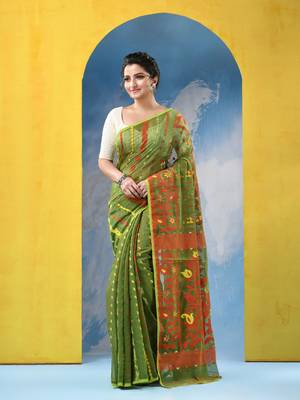 Green Resham Dhakai Jamdani Cotton Handloom Saree Champak Design Jamdani Saree Without Blouse 5