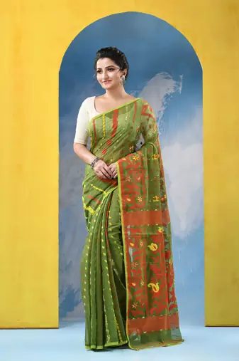 Green Resham Dhakai Jamdani Cotton Handloom Saree Champak Design Jamdani Saree Without Blouse