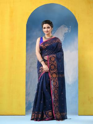 blue cotton handloom cotton silk saree flower copper work with blouse piece 1