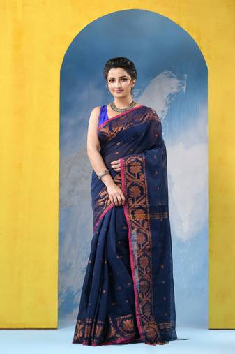 blue cotton handloom cotton silk saree flower copper work with blouse piece