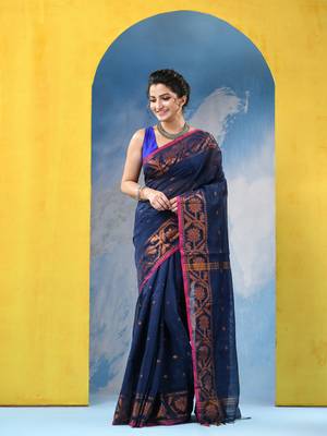 blue cotton handloom cotton silk saree flower copper work with blouse piece 2