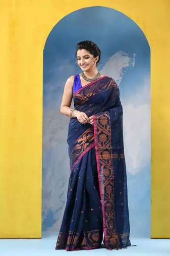 blue cotton handloom cotton silk saree flower copper work with blouse piece