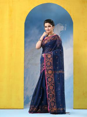 blue cotton handloom cotton silk saree flower copper work with blouse piece 3