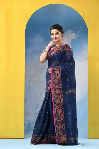 blue cotton handloom cotton silk saree flower copper work with blouse piece
