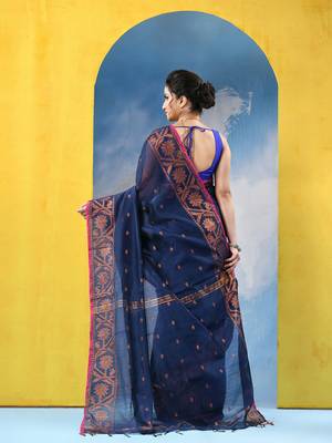 blue cotton handloom cotton silk saree flower copper work with blouse piece 5