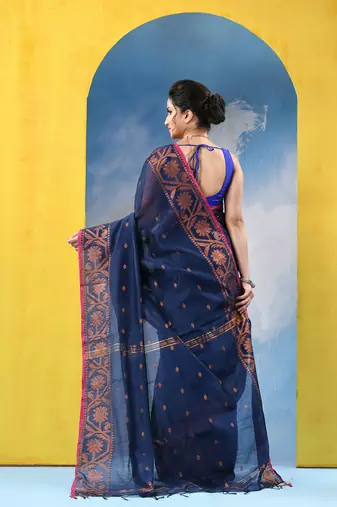 blue cotton handloom cotton silk saree flower copper work with blouse piece