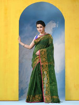 green cotton handloom cotton silk saree flower copper work with blouse piece 1