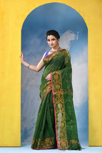 green cotton handloom cotton silk saree flower copper work with blouse piece