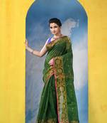 green cotton handloom cotton silk saree flower copper work with blouse piece