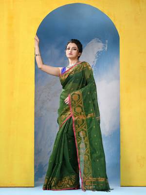 green cotton handloom cotton silk saree flower copper work with blouse piece 2