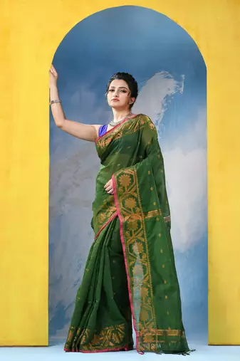 green cotton handloom cotton silk saree flower copper work with blouse piece