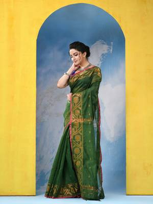 green cotton handloom cotton silk saree flower copper work with blouse piece 3