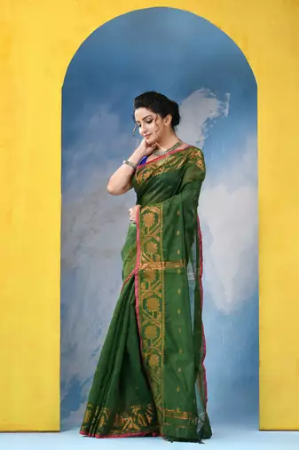 green cotton handloom cotton silk saree flower copper work with blouse piece