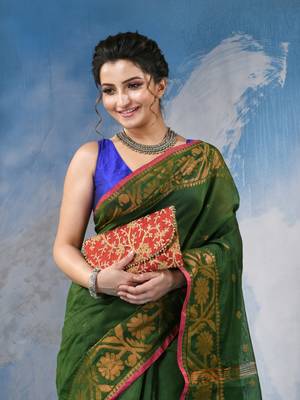 green cotton handloom cotton silk saree flower copper work with blouse piece 4
