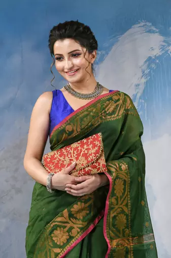 green cotton handloom cotton silk saree flower copper work with blouse piece