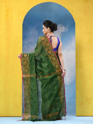 green cotton handloom cotton silk saree flower copper work with blouse piece 5