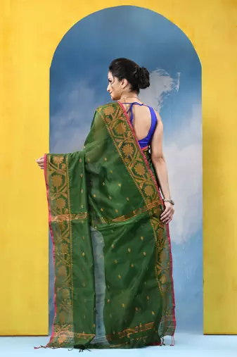 green cotton handloom cotton silk saree flower copper work with blouse piece