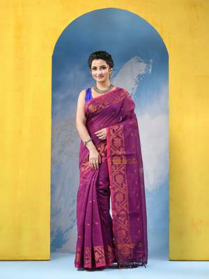 pink cotton handloom cotton silk saree flower copper work with blouse piece 1