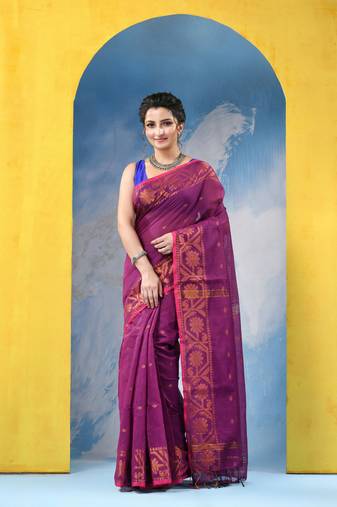pink cotton handloom cotton silk saree flower copper work with blouse piece