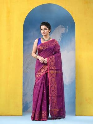 pink cotton handloom cotton silk saree flower copper work with blouse piece 2