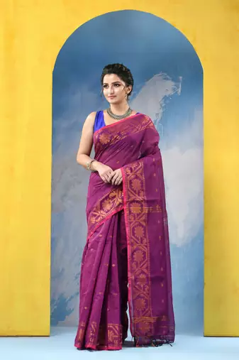 pink cotton handloom cotton silk saree flower copper work with blouse piece
