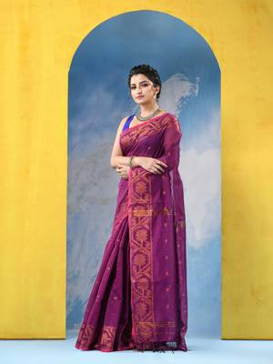 pink cotton handloom cotton silk saree flower copper work with blouse piece 3