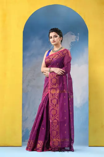 pink cotton handloom cotton silk saree flower copper work with blouse piece