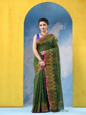 green cotton handloom cotton silk saree sorno mukut copper work with blouse piece 1