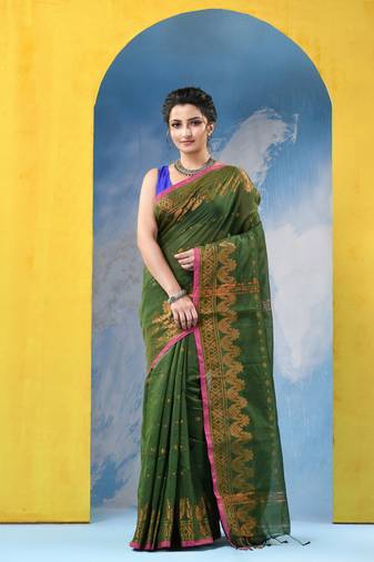 green cotton handloom cotton silk saree sorno mukut copper work with blouse piece