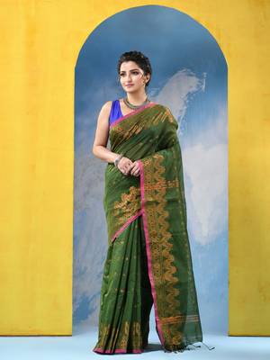 green cotton handloom cotton silk saree sorno mukut copper work with blouse piece 2