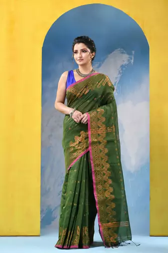 green cotton handloom cotton silk saree sorno mukut copper work with blouse piece