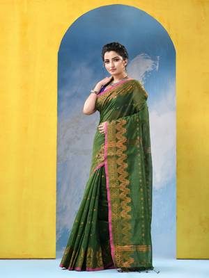 green cotton handloom cotton silk saree sorno mukut copper work with blouse piece 3
