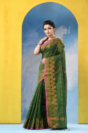 green cotton handloom cotton silk saree sorno mukut copper work with blouse piece