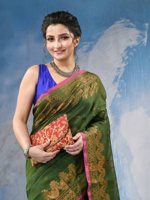 green cotton handloom cotton silk saree sorno mukut copper work with blouse piece 4