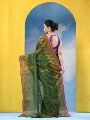 green cotton handloom cotton silk saree sorno mukut copper work with blouse piece 5