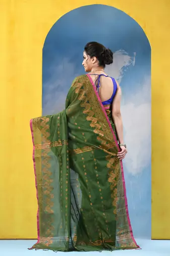green cotton handloom cotton silk saree sorno mukut copper work with blouse piece